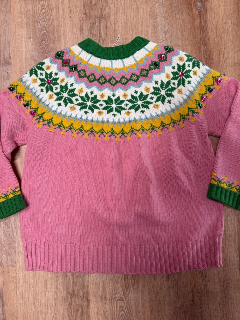 Boden Pink Fair Isle Crewneck Sweater with Green Trim - Picture 3 of 3